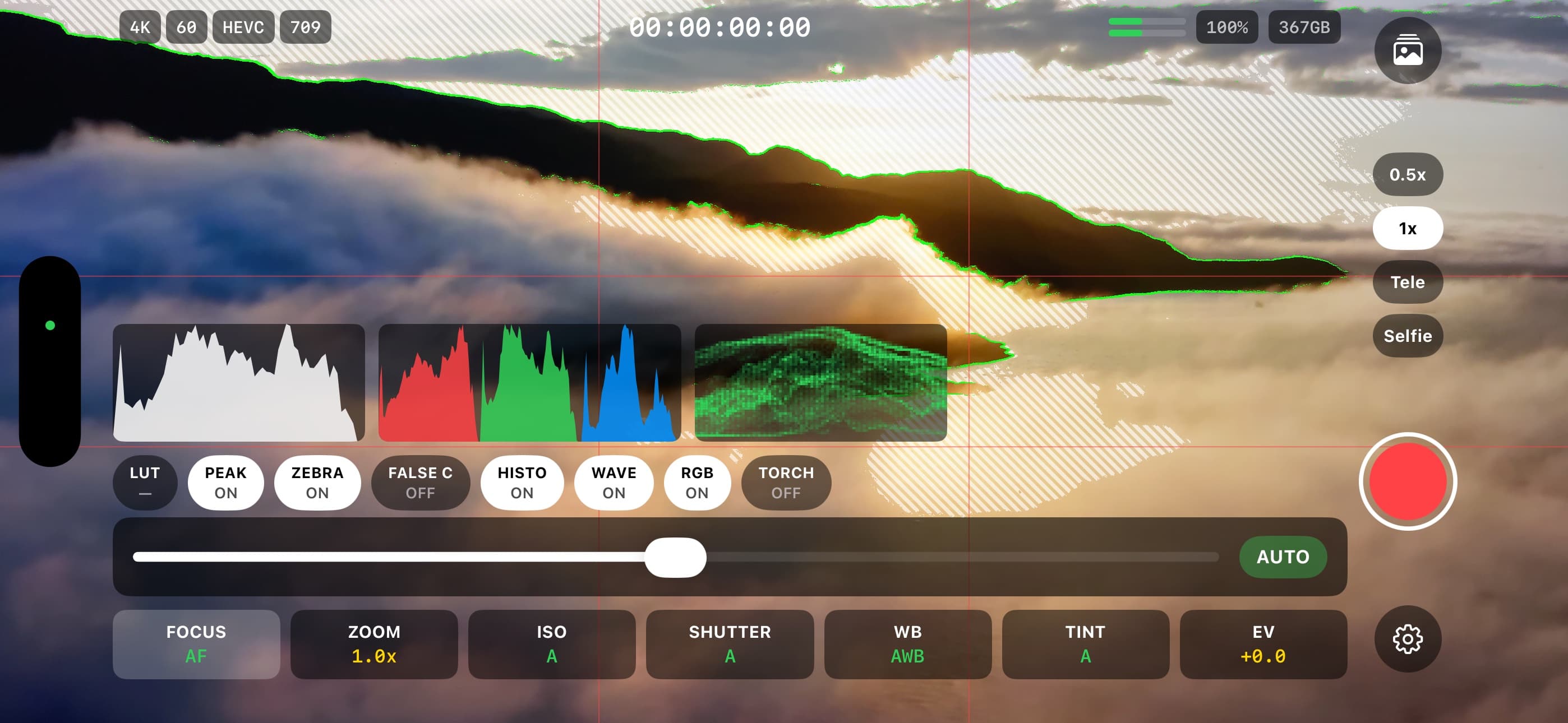 Histogramă, RGB parade, waveform și focus peaking simultan, în landscape