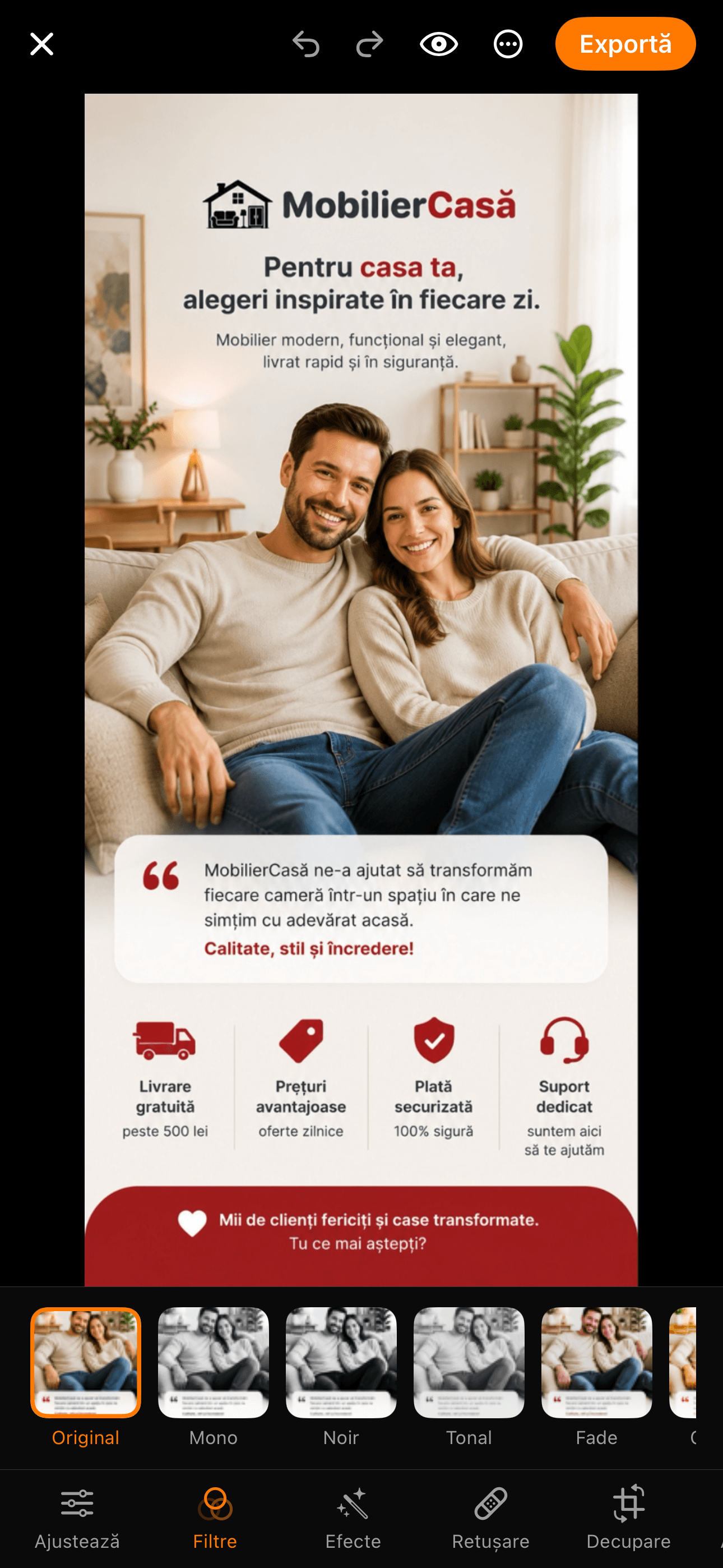 Editorul — filtre cu miniaturi live, pe canvas întunecat